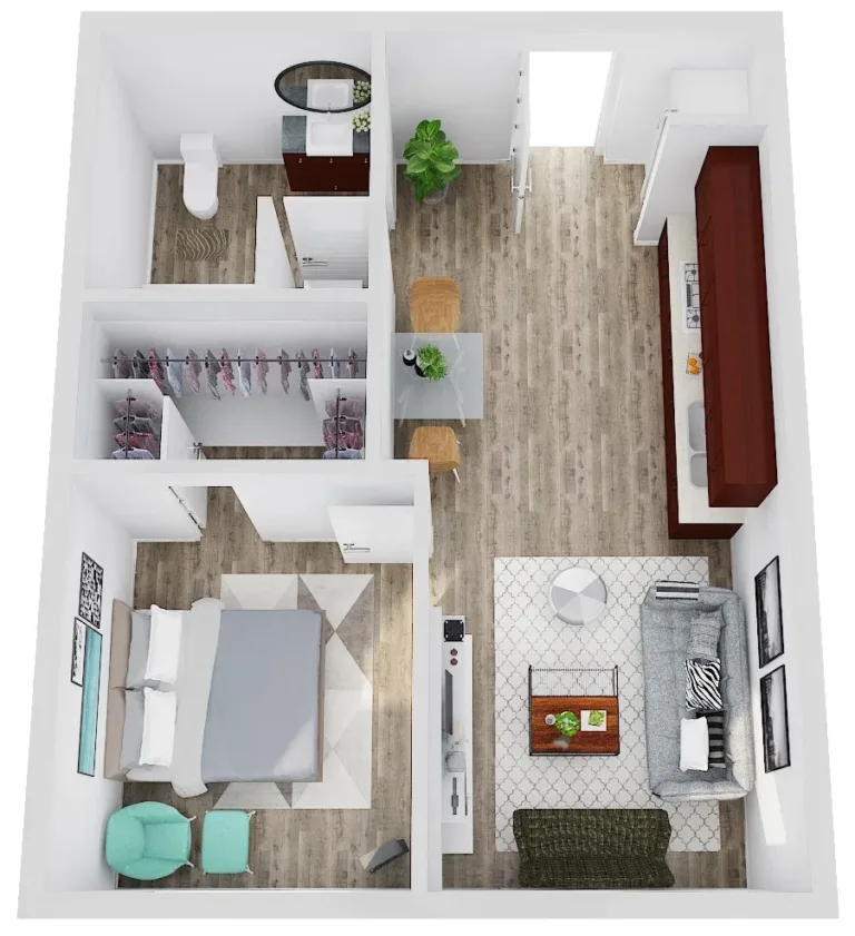 A 3D layout of a small apartment featuring an open-plan living area with a grey sofa, a TV, and a coffee table on a patterned rug. Adjacent is a small dining area with a table and two chairs. To the left is a bedroom with a bed, a closet with hanging clothes, and a small chair. The bathroom is next to the closet, featuring a toilet and a sink. The entryway is at the top, with wooden flooring throughout.
