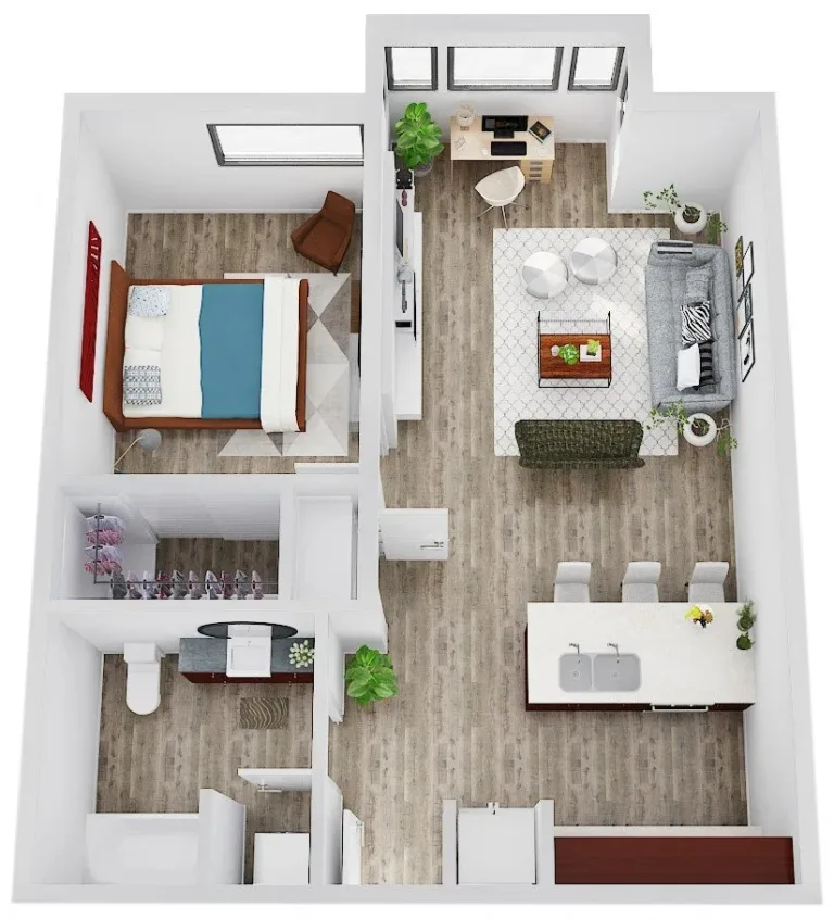 A 3D floor plan of a modern apartment featuring a bedroom, living room, kitchen, bathroom, and study area. The bedroom has a large bed and a chair. The living room includes a sofa, coffee table, and two white poufs. The kitchen has a counter with bar stools, and there is a desk in the study area. Wooden flooring and potted plants are visible throughout.