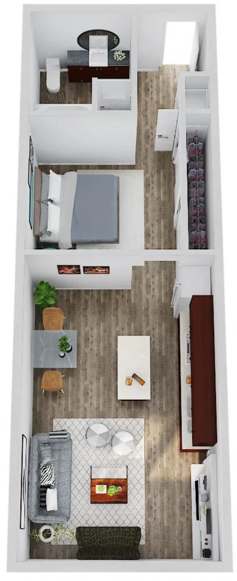 A 3D floor plan of a small apartment featuring a living room with a sofa and coffee table, a dining area with a small table and two chairs, a compact kitchen with cabinets along one wall, a bedroom with a bed, and a bathroom with a toilet and sink. The space has wooden flooring and is furnished with minimalistic decor.