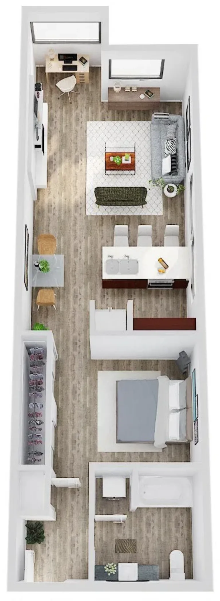 A 3D floor plan of an apartment featuring an open-concept living and dining area, a kitchen with an island, a separate bedroom, a bathroom, a computer desk near windows, and a walk-in closet along the hallway.