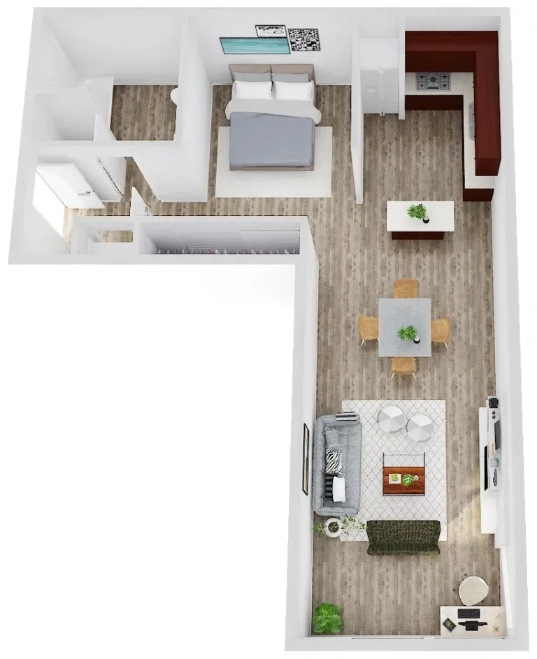 3D floor plan of an apartment with a bedroom, kitchen, dining area, and living room. The bedroom features a bed and wall art. The kitchen has a U-shaped counter. The dining area includes a table with four chairs, and the living room is furnished with a sofa, armchair, coffee table, and entertainment unit. The layout is L-shaped with wooden flooring throughout.