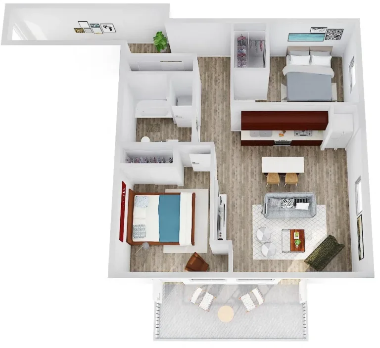 3D floor plan of an apartment with two bedrooms, a living room, a kitchen with a breakfast bar, a bathroom, and a balcony with seating.