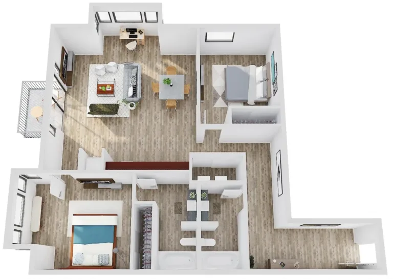 A 3D floor plan shows a modern apartment with two bedrooms, a spacious living area, a kitchen, bathroom, and a small balcony.