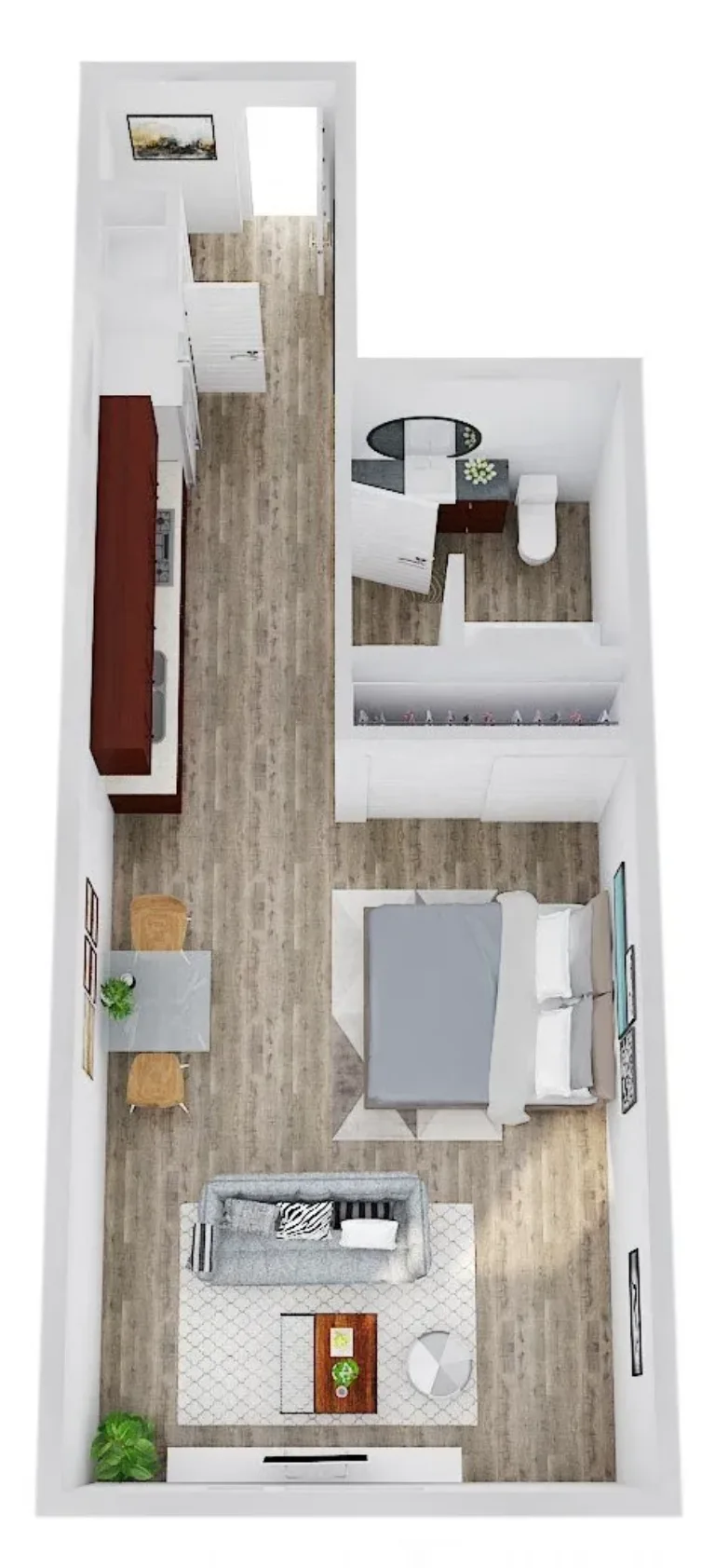 A 3D floor plan of a small apartment featuring a combined living and dining area, a kitchen along one wall, a bathroom with a vanity and toilet, and a spacious bedroom with a double bed. The flooring is hardwood, and there is minimalistic modern furniture throughout.