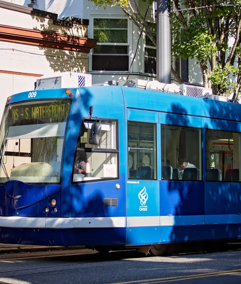 A blue tram labeled "S. Waterfront" travels through a tree-lined street with people inside. Sunlight casts shadows on nearby buildings.