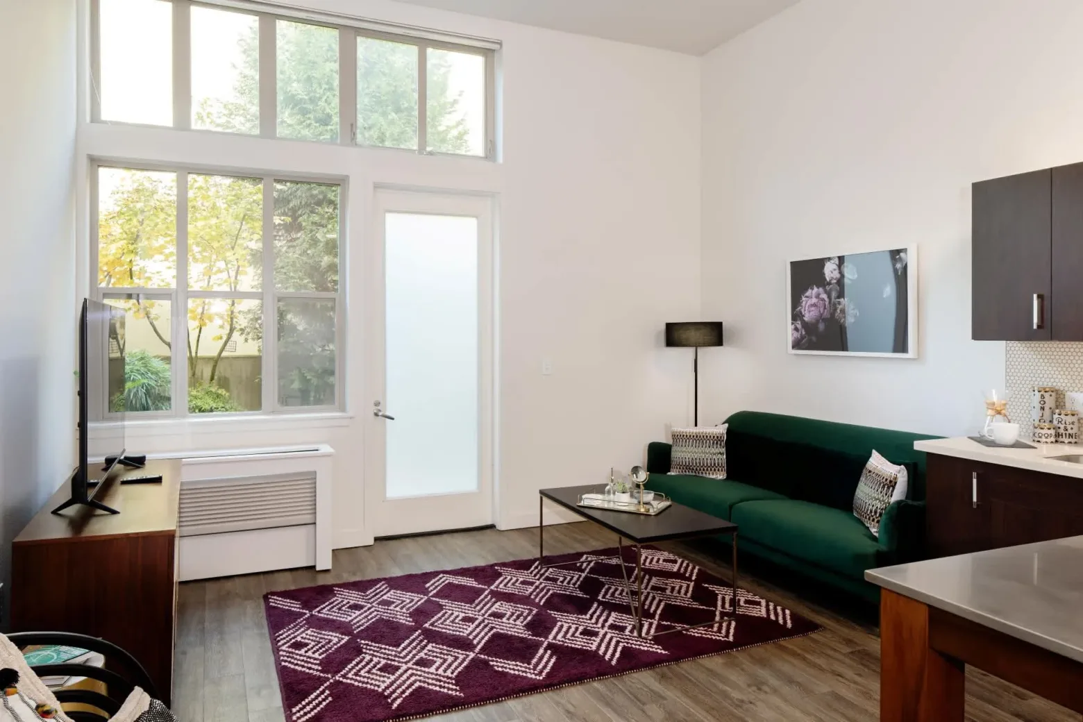 Modern apartment living room with large windows, a green sofa, a flat-screen TV on a wooden stand, a geometric-patterned rug, and a black floor lamp.